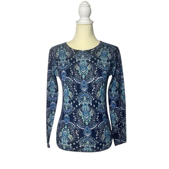 Garnet Hill 100% Merino Wool Blue Paisley Print Crewneck Sweater Women's Size S - Picture 1 of 15